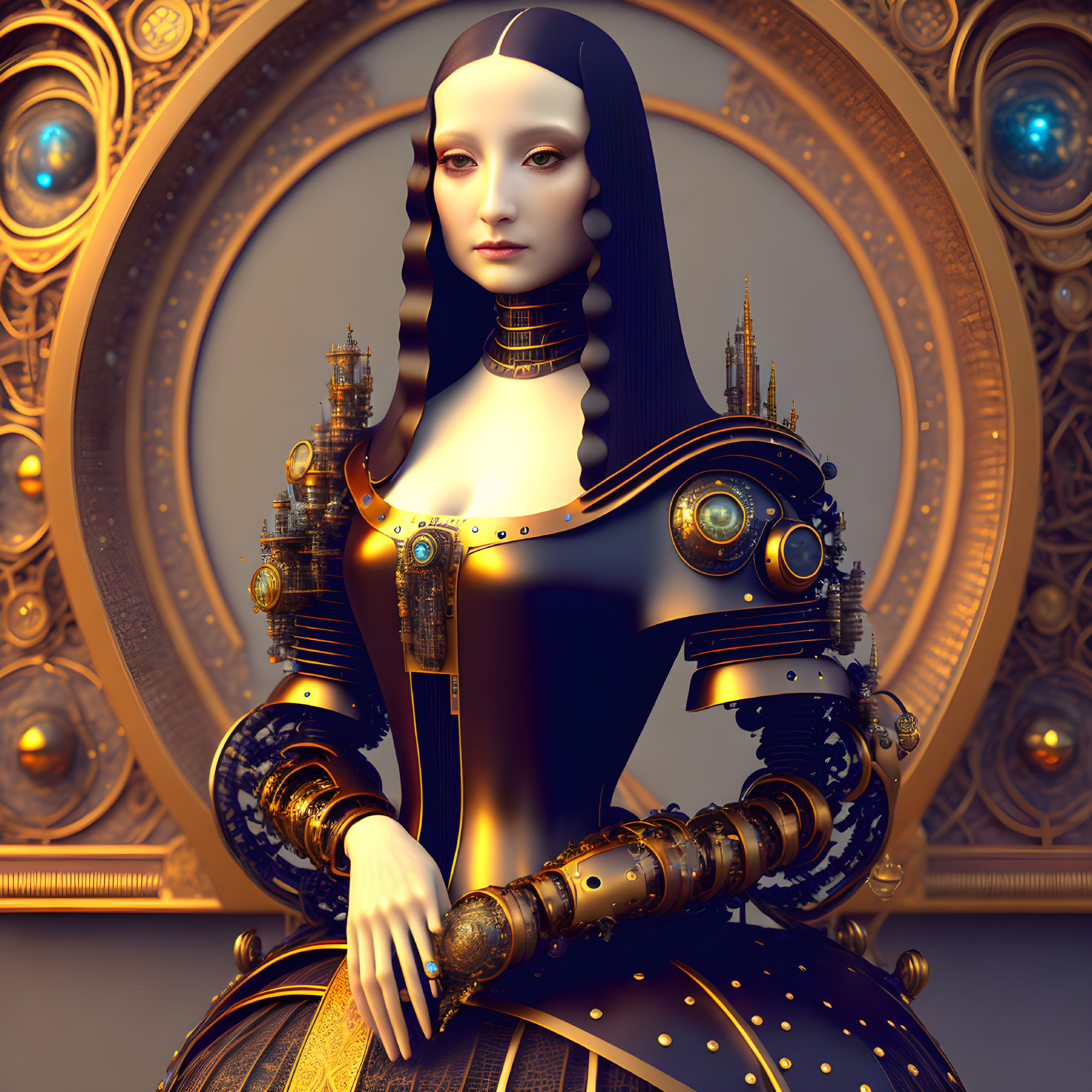 Steampunk-style digital art: Robot Mona Lisa with golden gears.