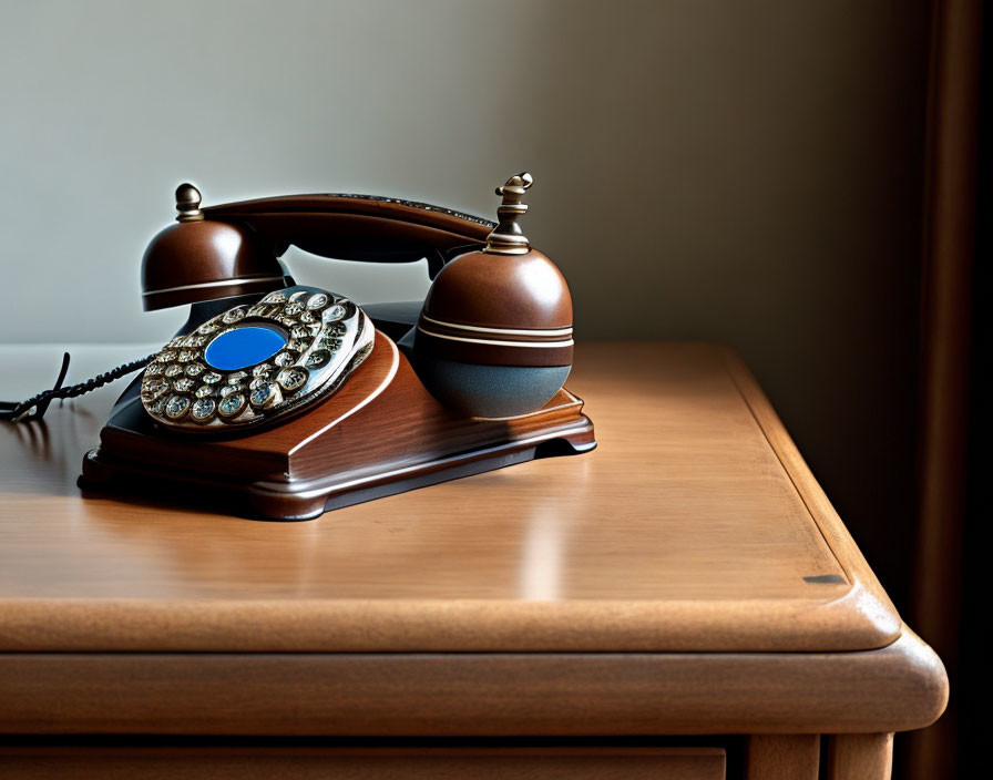 Vintage-style Wooden and Metallic Telephone on Table