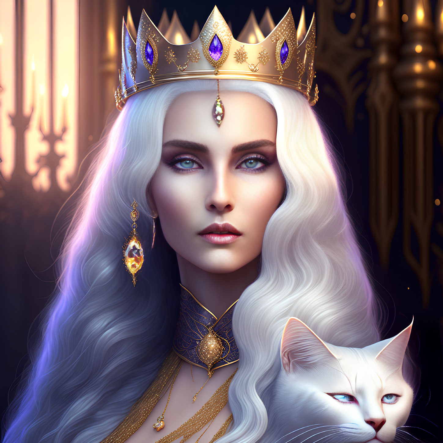 Regal woman with blue eyes, white hair, golden crown, purple gems, and cat.