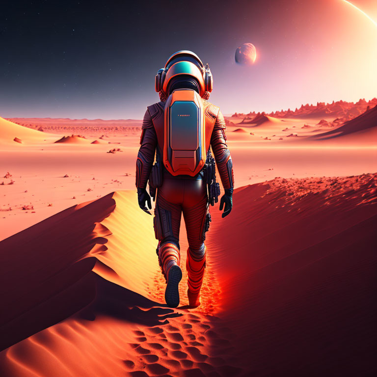 Astronaut walking on red Martian landscape under twilight sky