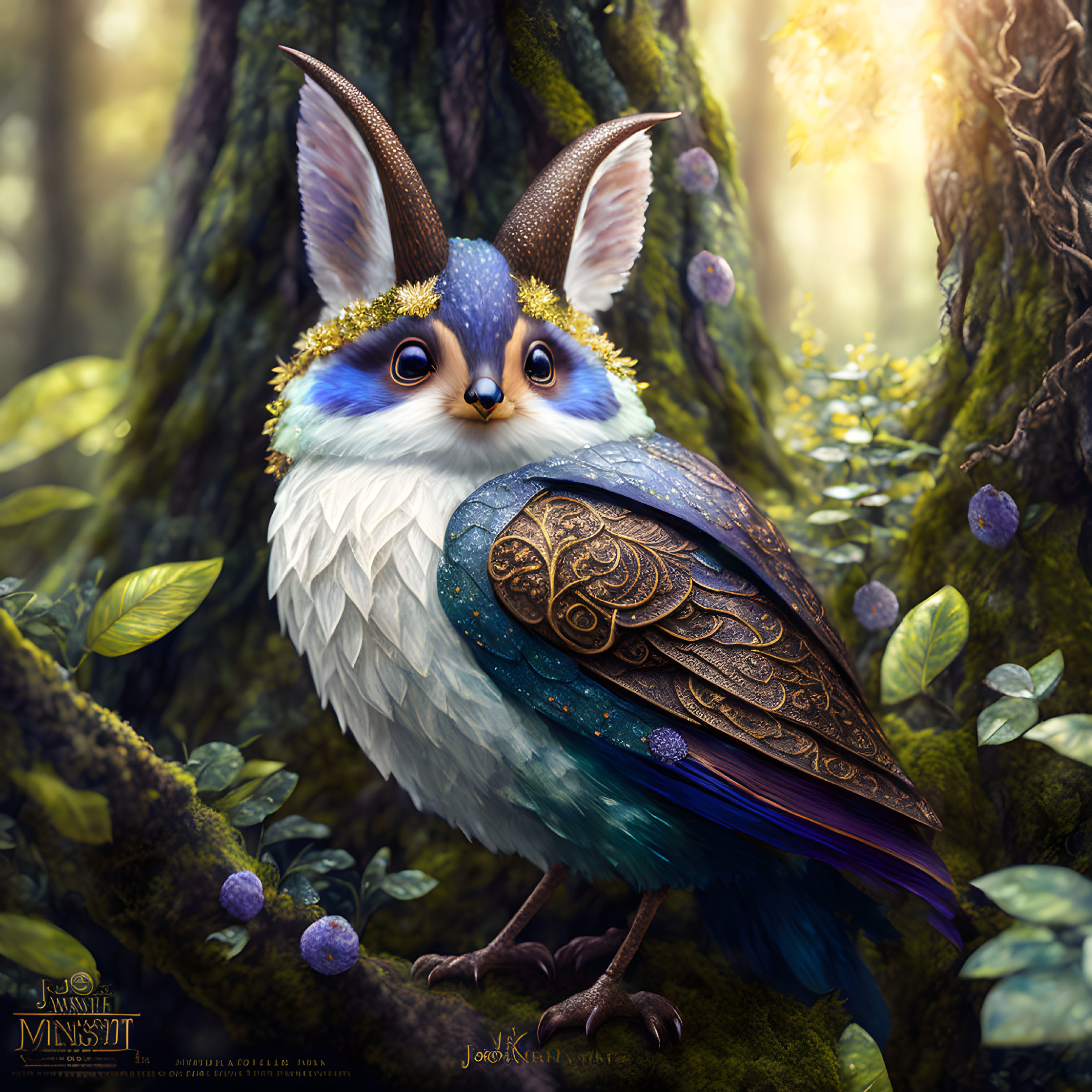 Whimsical owl illustration with large eyes and ears in white, blue, and brown feathers with orn