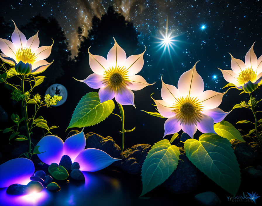 White Flowers under Starry Night Sky with Moon and Star