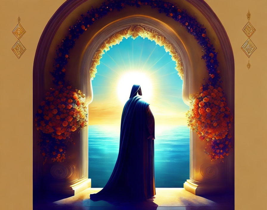 Robed Figure at Ornate Archway Facing Serene Sea Sunrise/Sunset