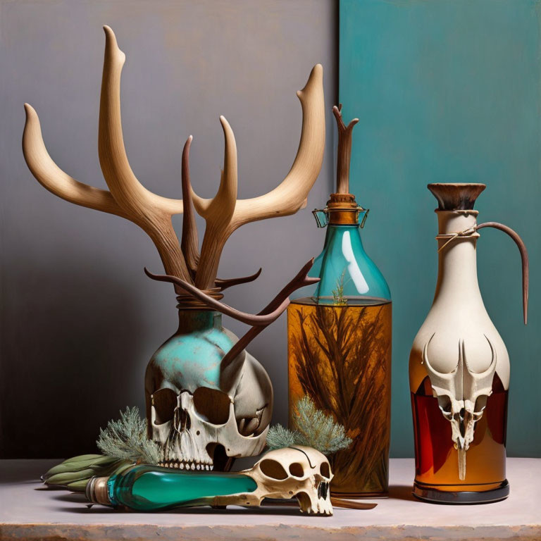 Animal Skulls and Antlers with Glass Bottles and Branches on Table