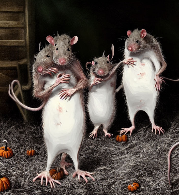 Three upright rats with crossed arms beside tiny pumpkins in realistic style