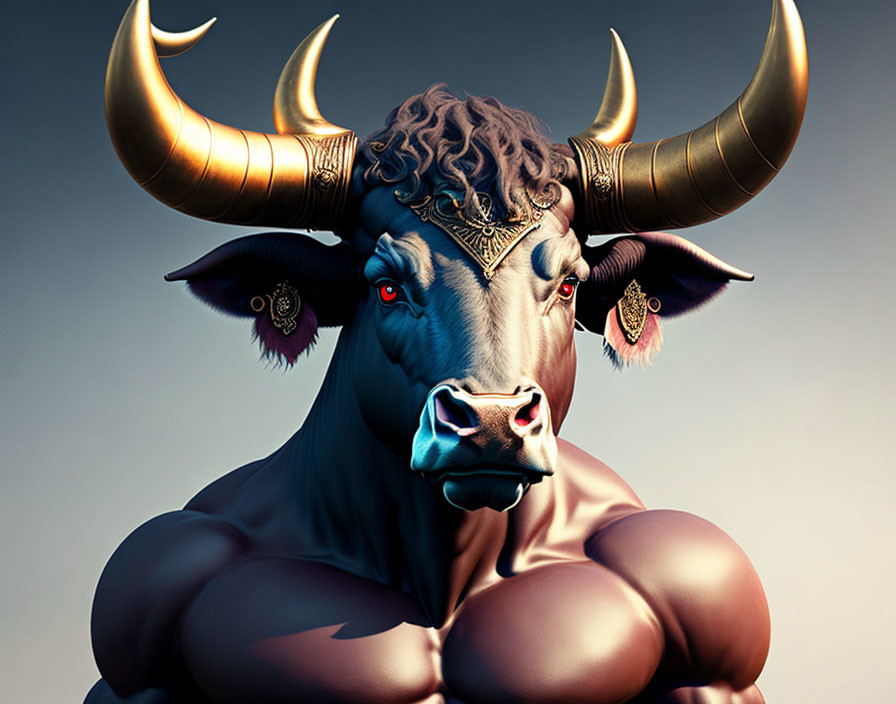 Muscular anthropomorphic bull with golden horns and ornate jewelry on gradient background