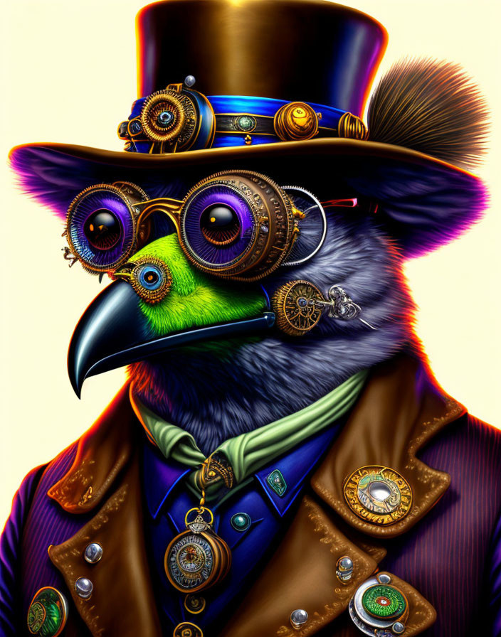 Steampunk-themed anthropomorphic bird with goggles, top hat, and medals