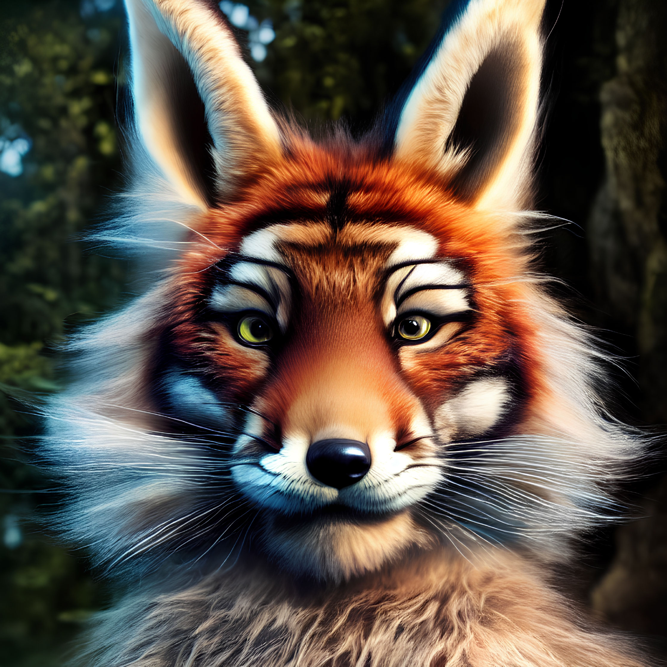 Anthropomorphic Fox-Tiger Hybrid Digital Art in Forest Setting