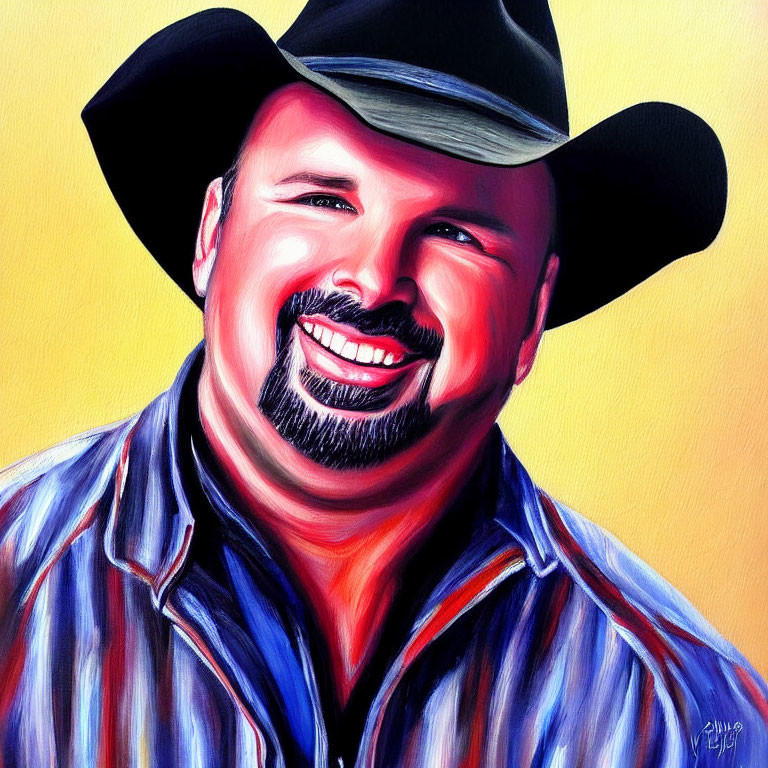 Smiling man in black cowboy hat on yellow background