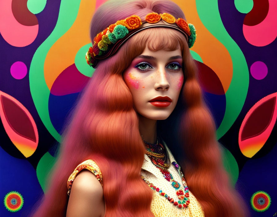 Colorful portrait of woman with red hair, floral headband, and psychedelic backdrop