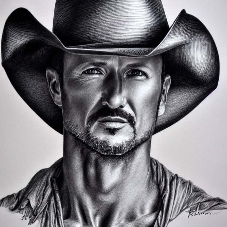 Detailed pencil-drawn portrait of a man in a cowboy hat with shadowed eyes