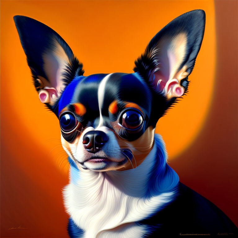 Stylized portrait of Chihuahua with expressive eyes on orange background