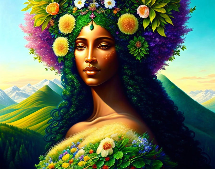 Woman with floral headpiece and mountain backdrop in serene illustration