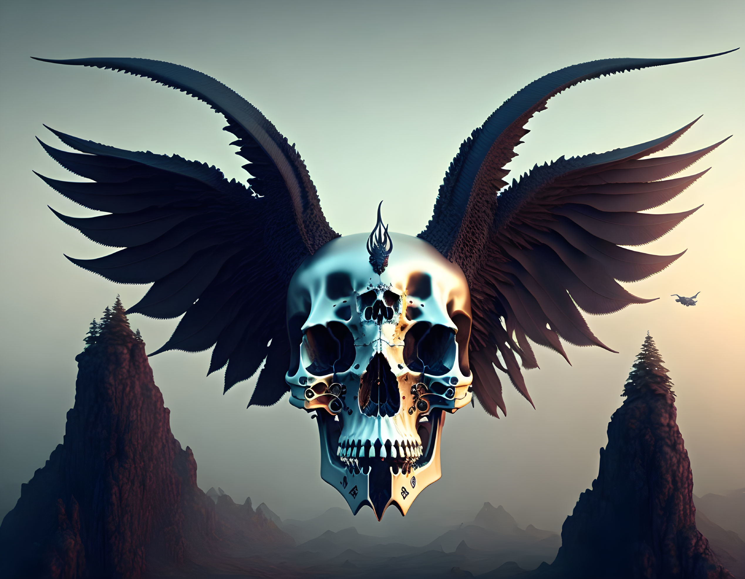 Metallic skull with intricate designs and dark wings against red mountains at dusk