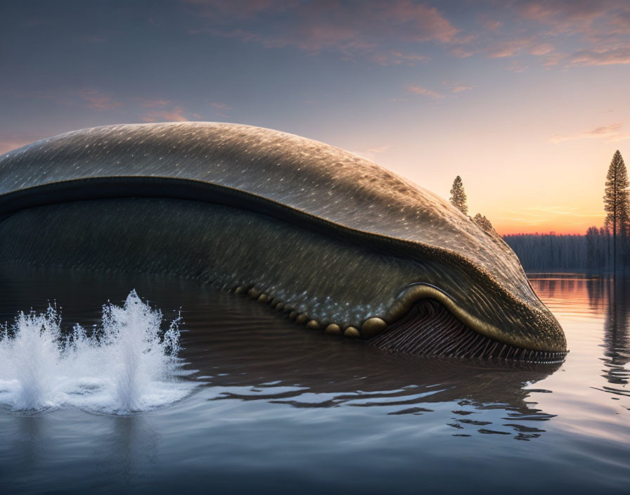 Whale with visible baleen breaches water at sunrise