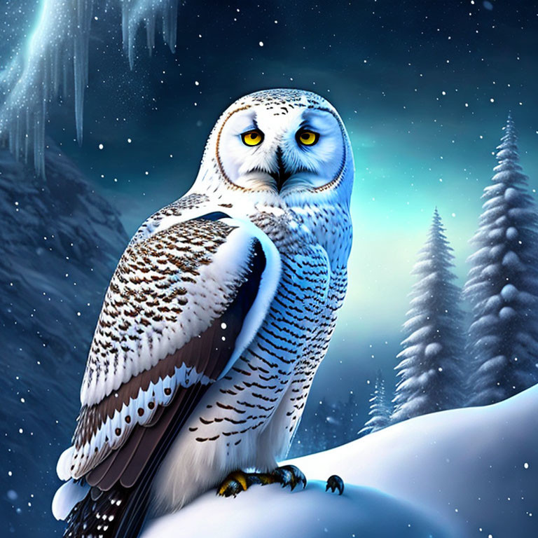 Snowy owl perched on snow-covered hill under starry night sky