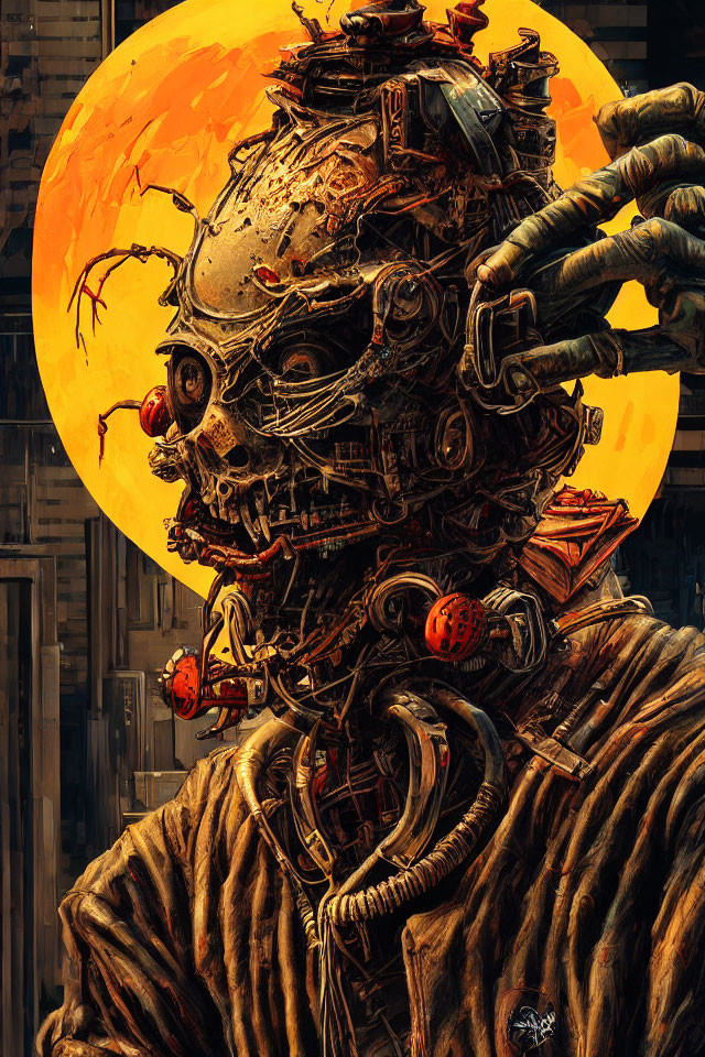 Detailed robotic head with exposed wiring on orange moon backdrop