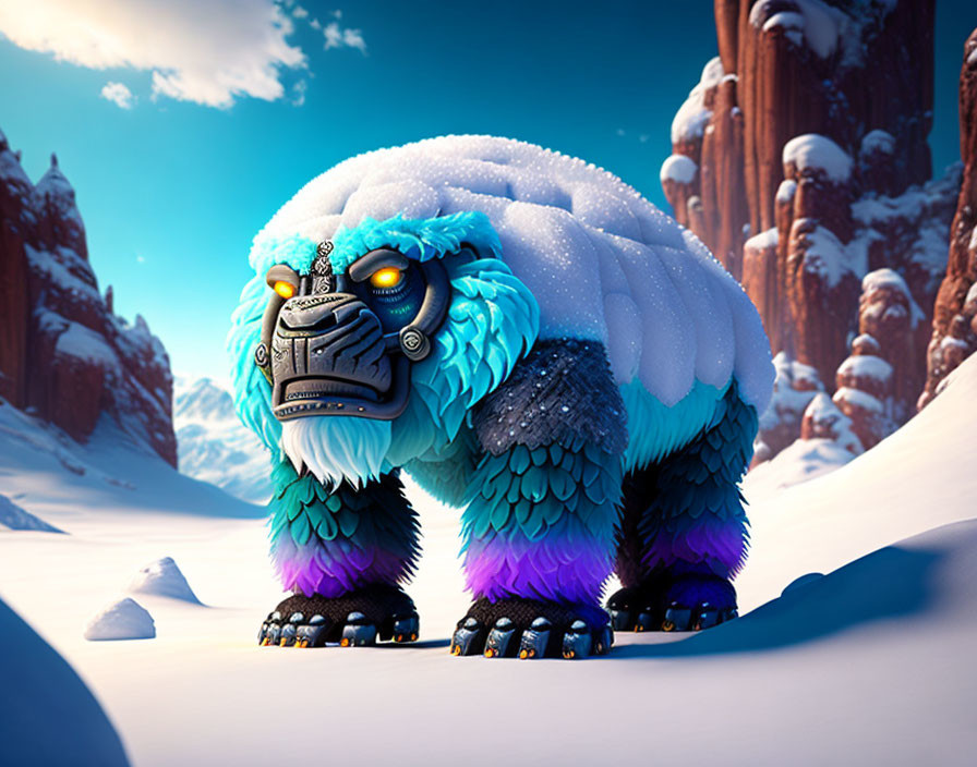 Mythical creature with blue fur in snowy landscape