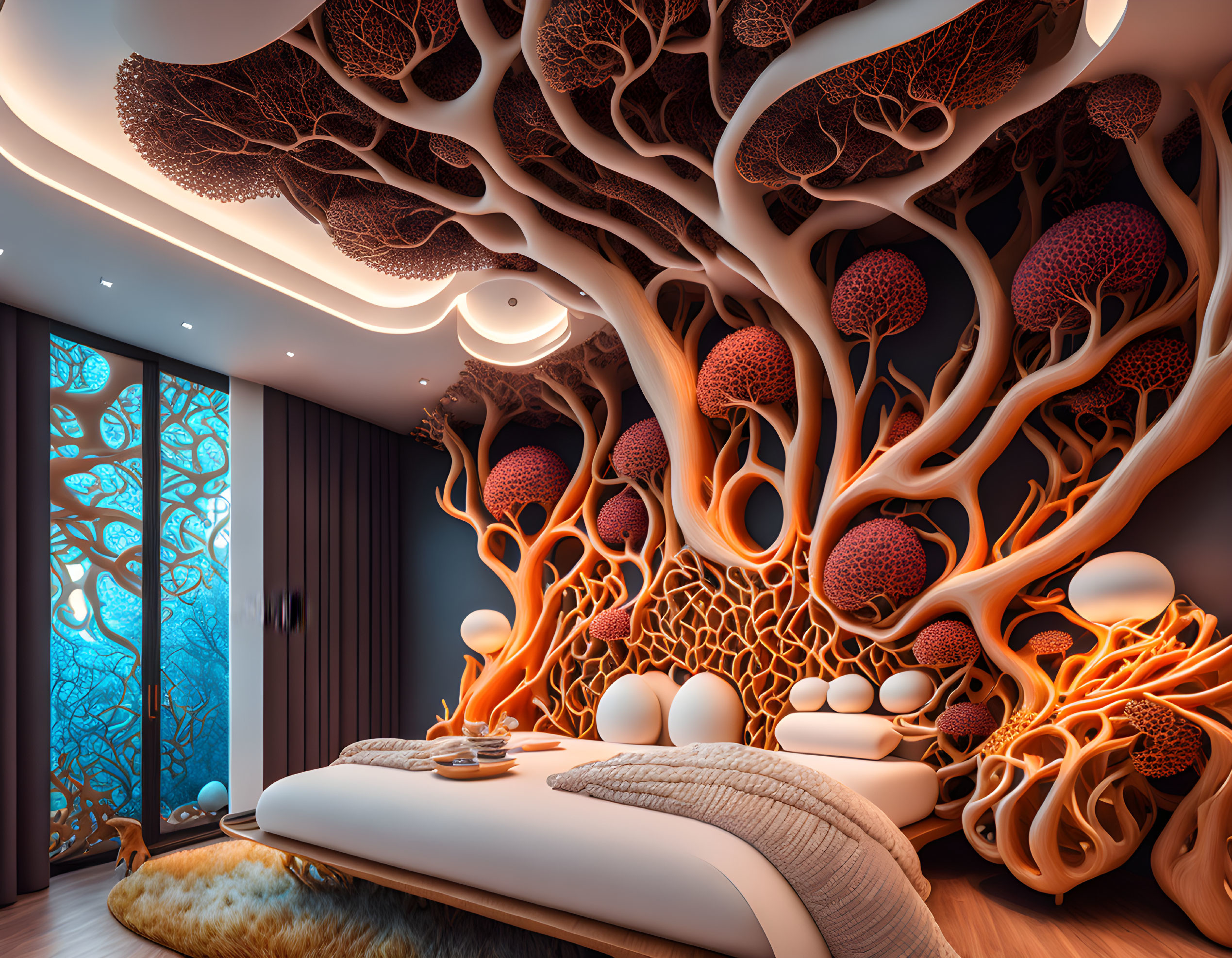 Modern Bedroom with Tree-Like Wall Sculpture, Cozy Bed, Warm Lighting, and Ocean View