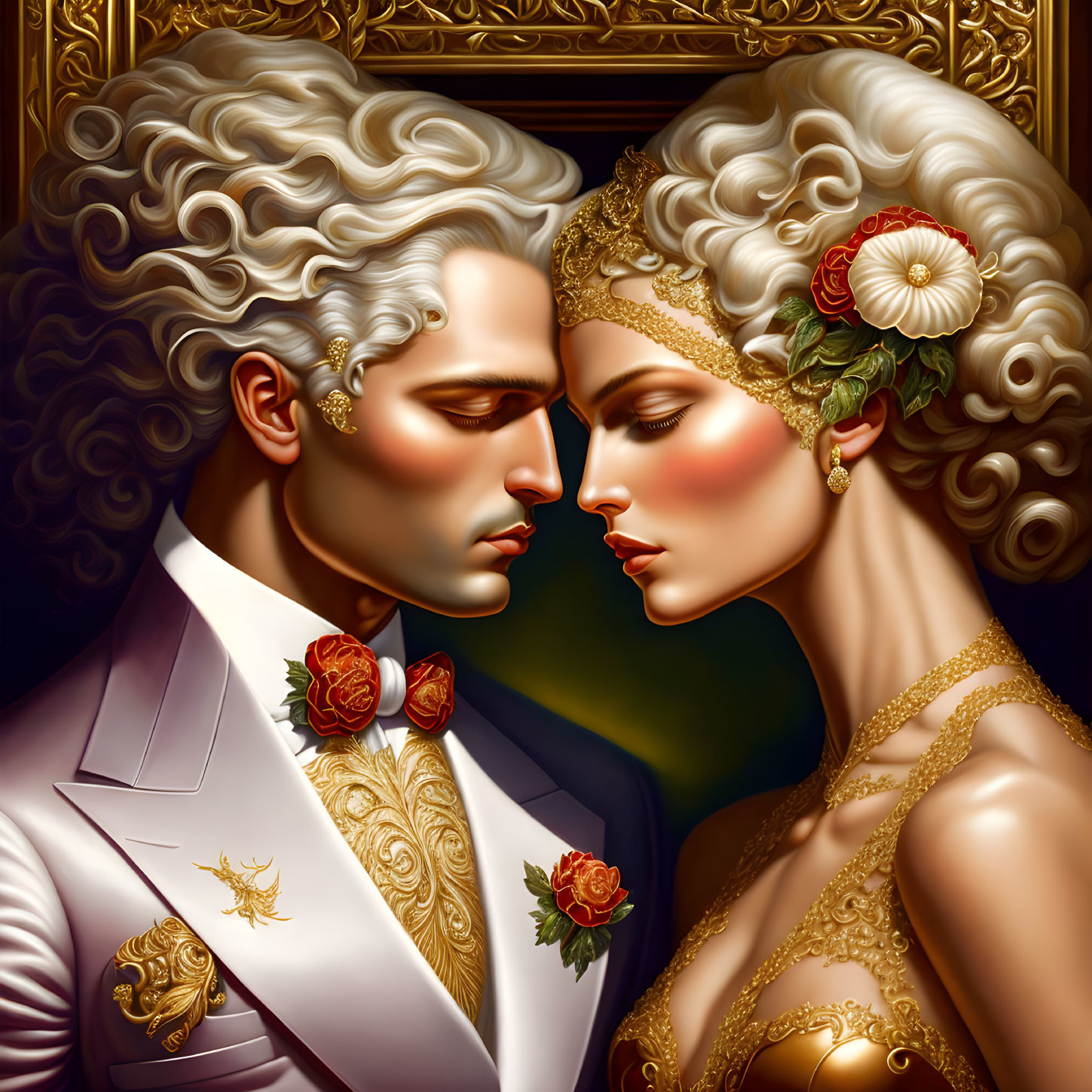 Detailed baroque couple illustration with elaborate hairstyles in intimate pose.