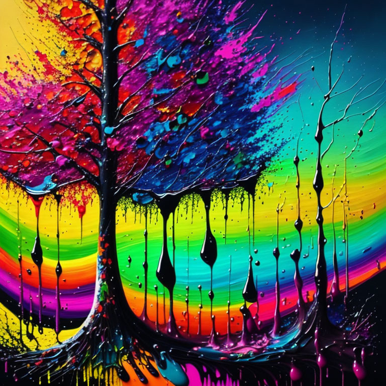 Colorful Abstract Tree Painting with Rainbow Background and Dripping Paint