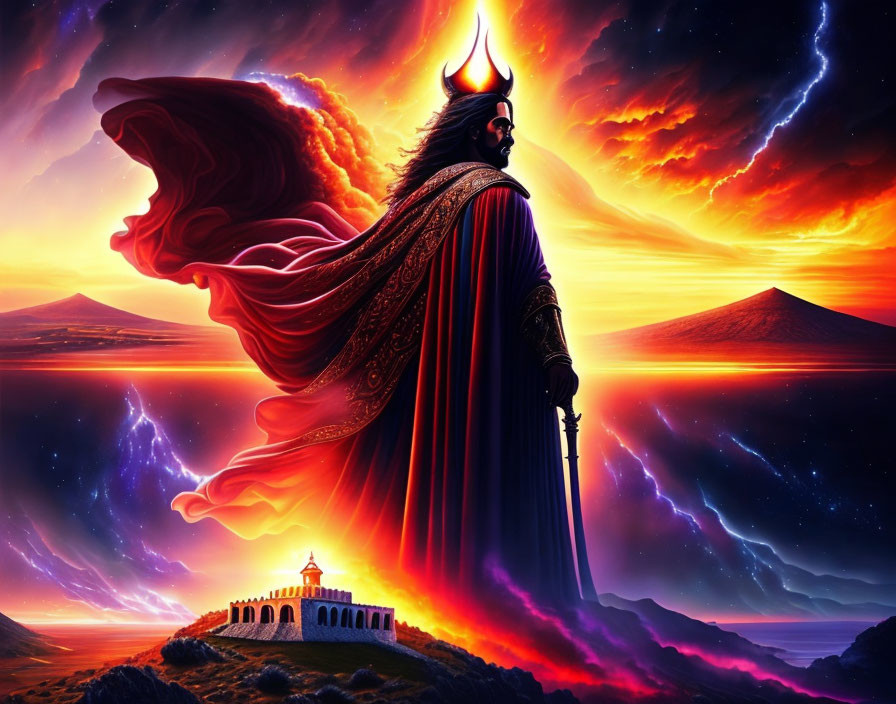 Majestic figure in red cape with sword at vibrant sunset.