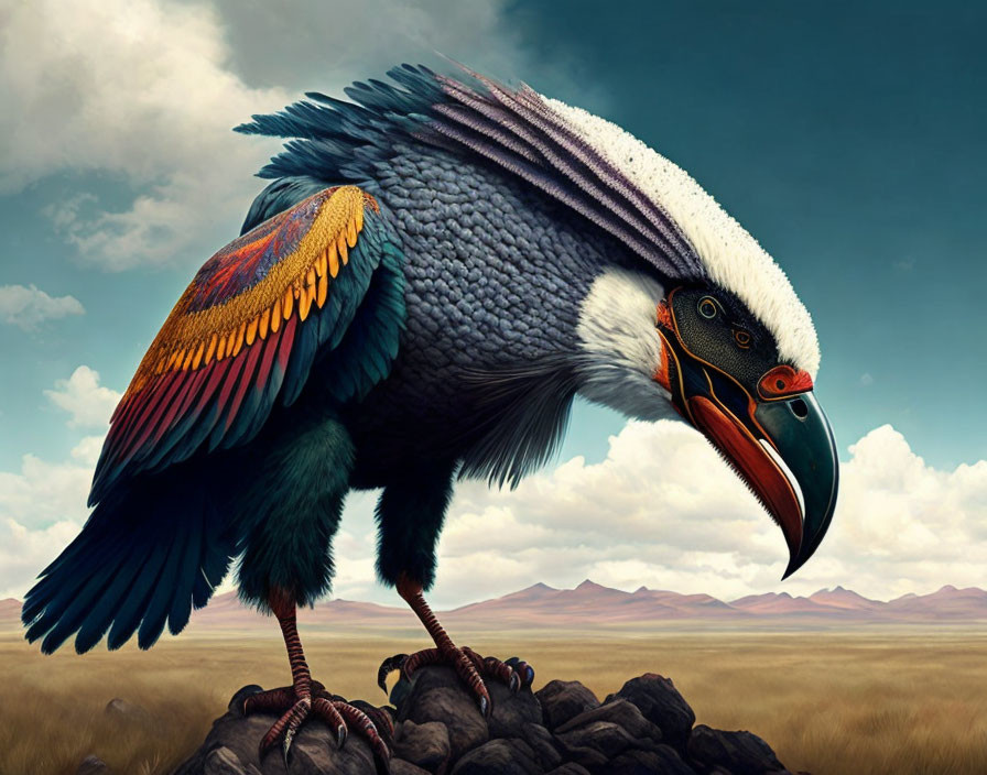 Colorful surreal bird perched on rocky formation in vast landscape