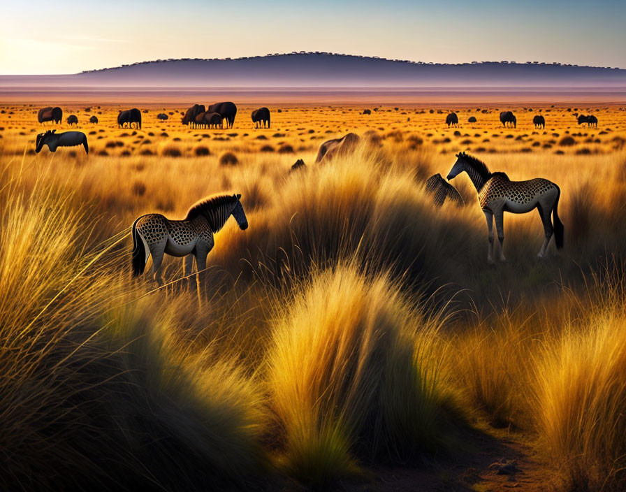 African savannah with zebras and elephants grazing under hazy sky