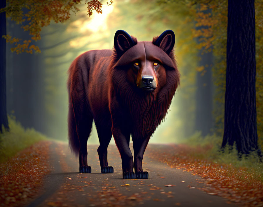 Surrealist giant bear-like creature with wolf features in autumn forest path