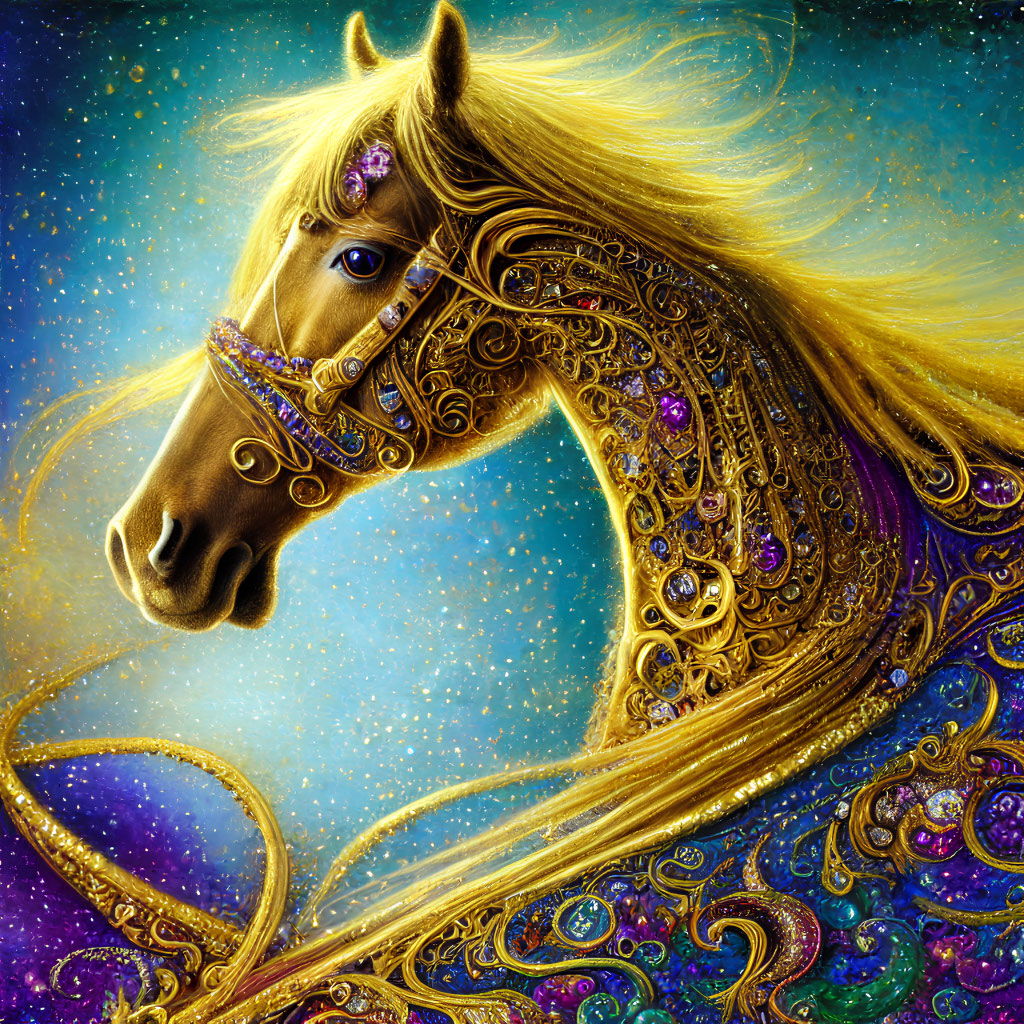 Golden Horse Illustration with Jeweled Embellishments and Cosmic Background