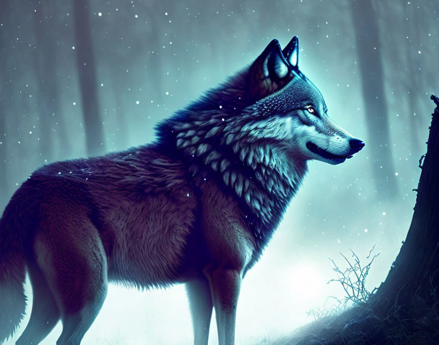 Majestic wolf in starlit forest with piercing gaze