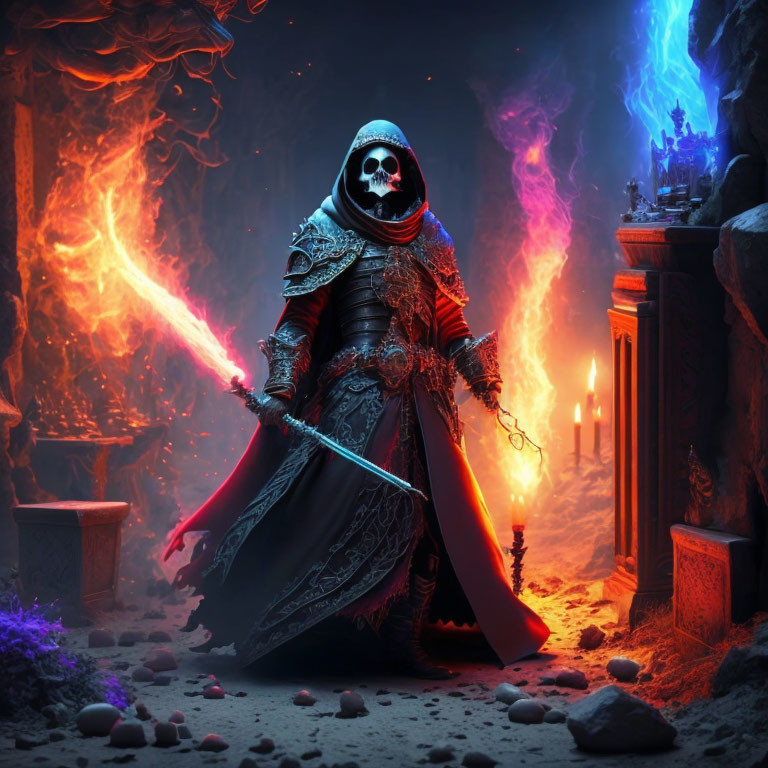 Skeletal figure in robe with staff in mystical cave with fiery and icy elements