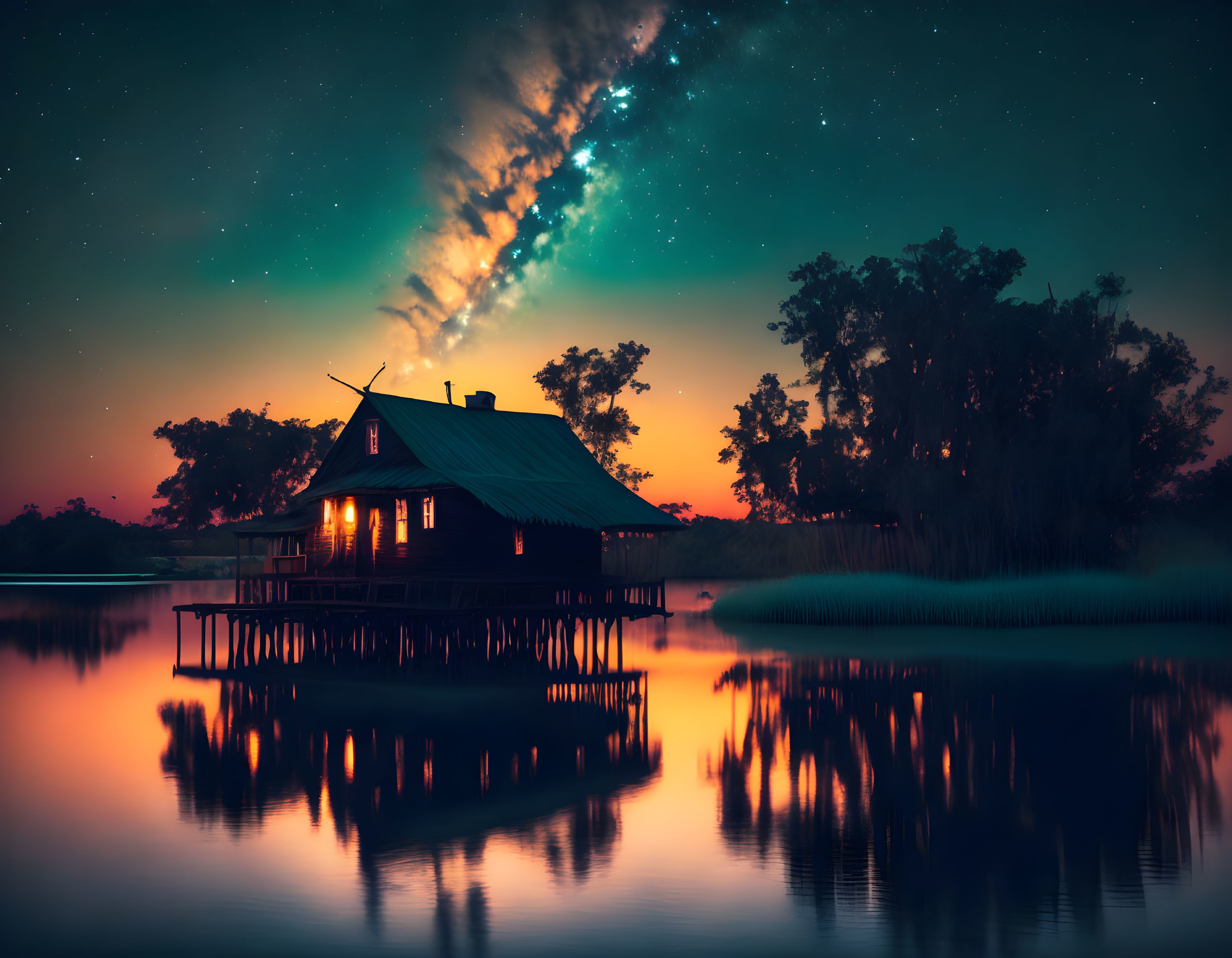 Tranquil lakeside cabin at twilight with starry sky and Milky Way