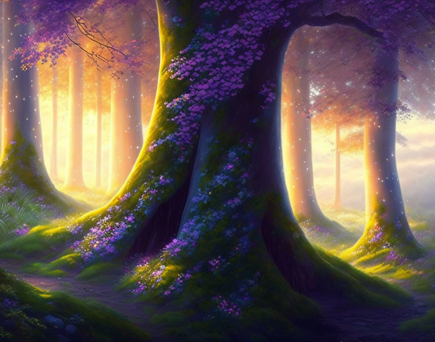 Enchanting forest with purple-flowered trees in soft sunlight.