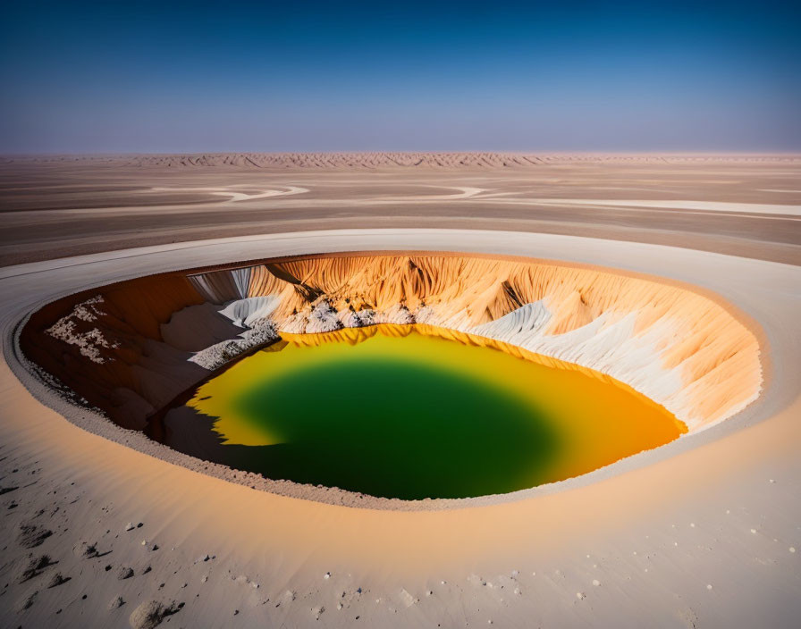 Vibrant green lake in sandy desert with orange sand dunes