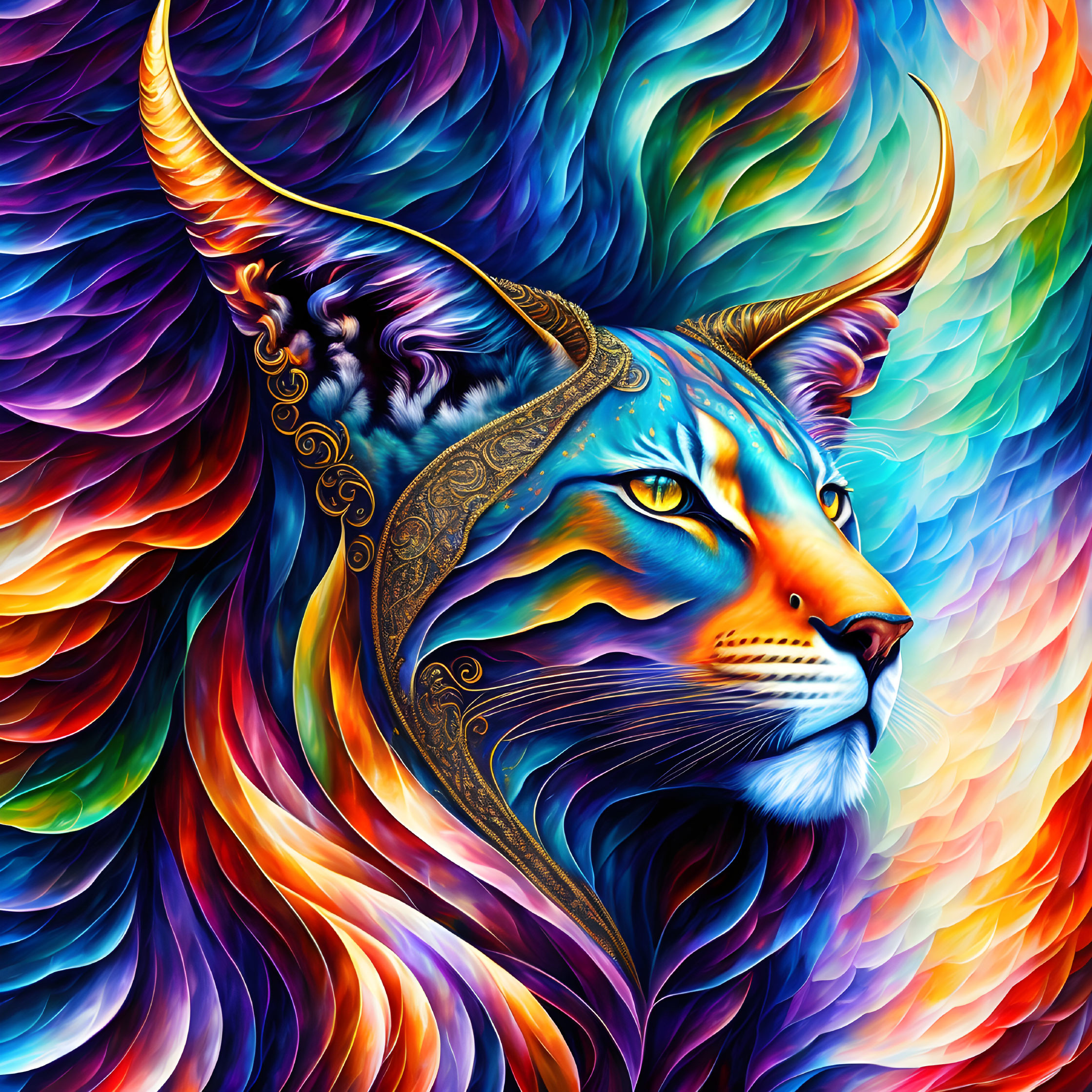 Colorful digital artwork: Mystical cat with golden markings