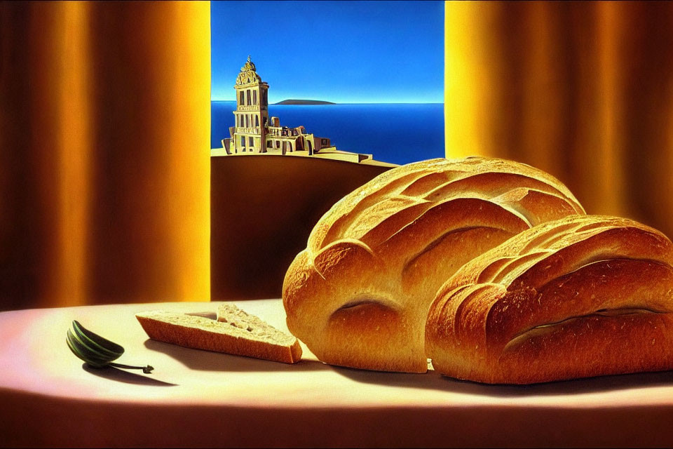 Still life painting of fresh bread loaves, leaf, and coastal backdrop