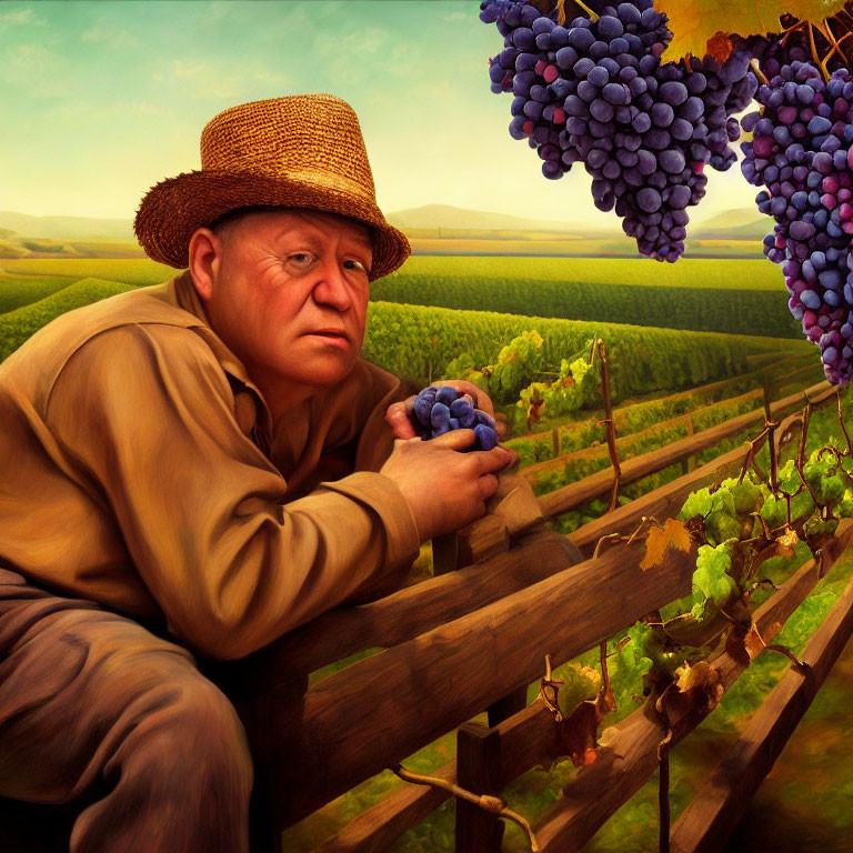 Man in straw hat gazes at grapes in vineyard landscape