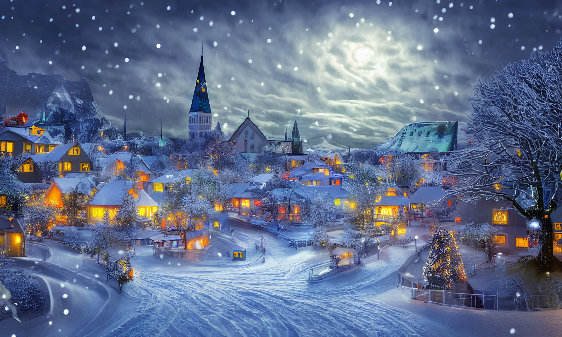 Charming winter village scene with moonlit sky and snowflakes