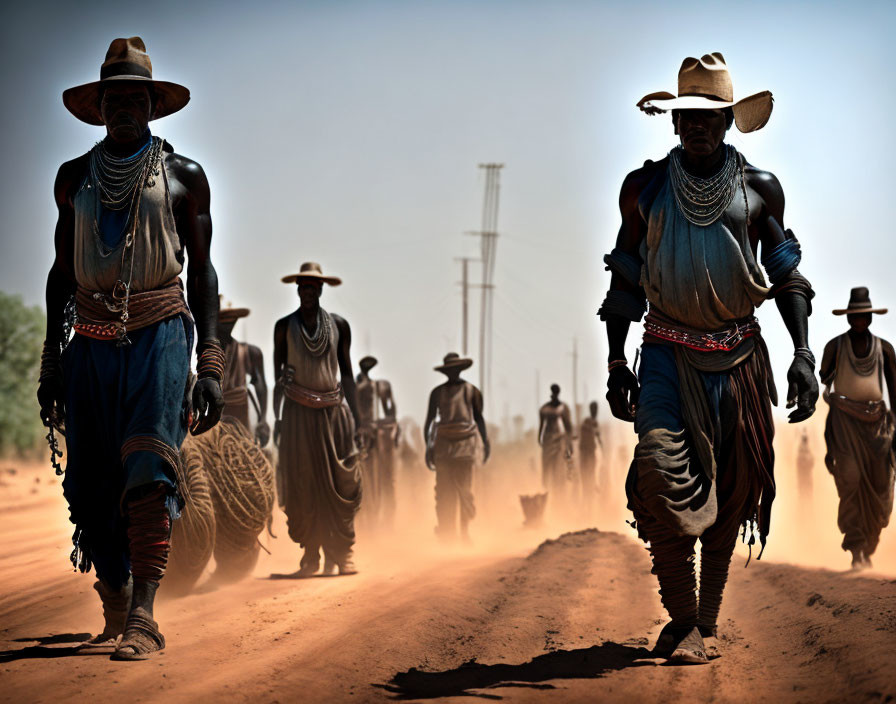 People in traditional attire walk on dusty road under bright sky