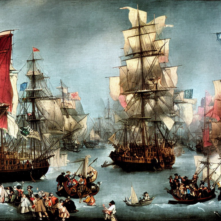 Historical painting of bustling sailing port with ships, boats, and dockside crowds.