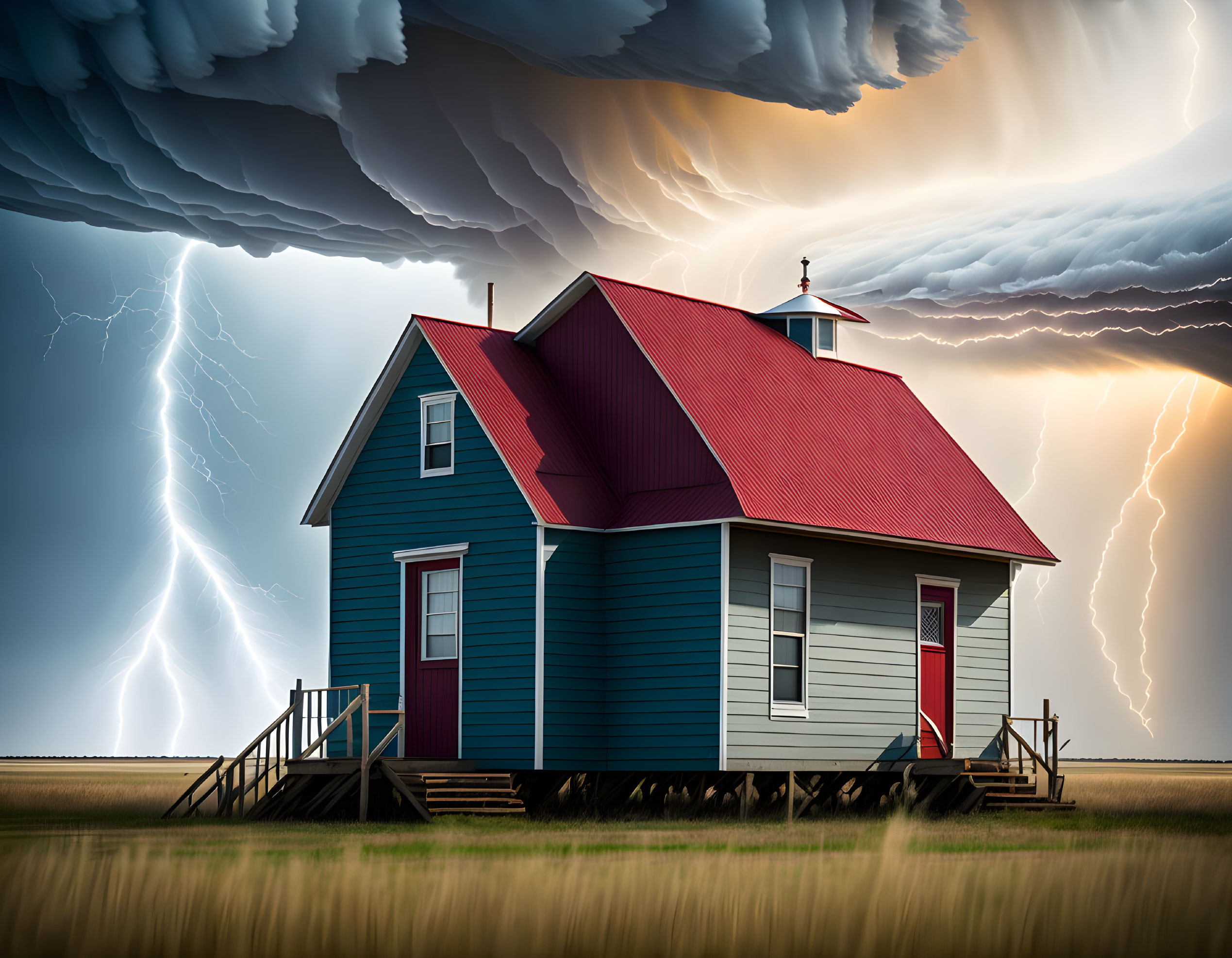 Small Blue House with Red Roof in Stormy Sky