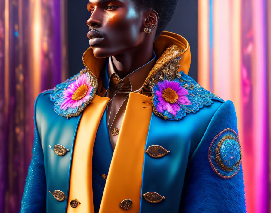 Blue-skinned person in turquoise and gold jacket on vibrant backdrop