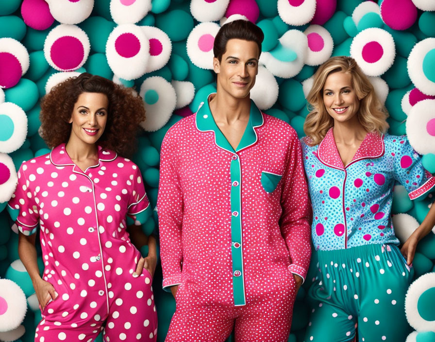 Three people in colorful polka-dot pajamas posing against patterned spheres