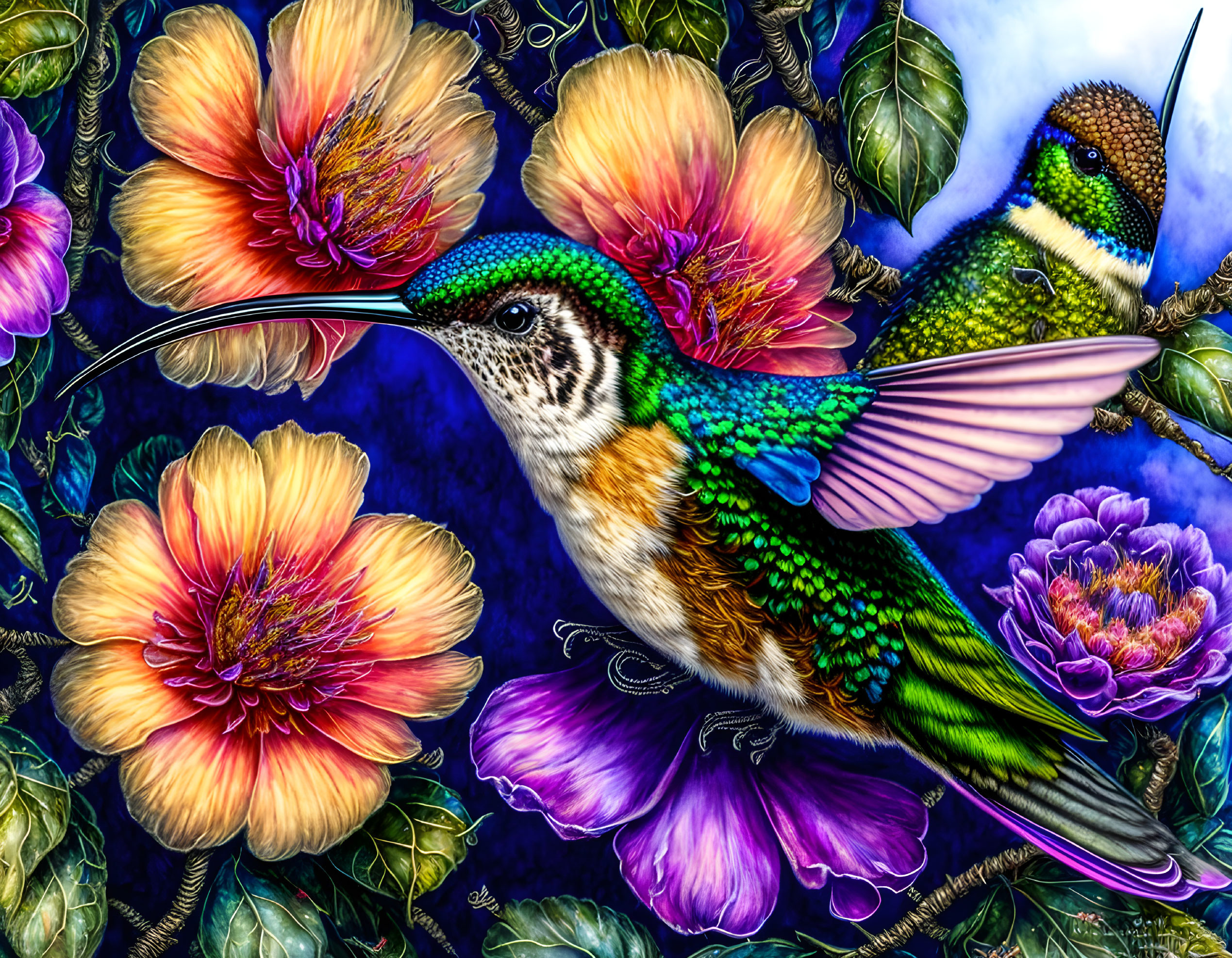 Colorful hummingbird in flight among flowers on blue background