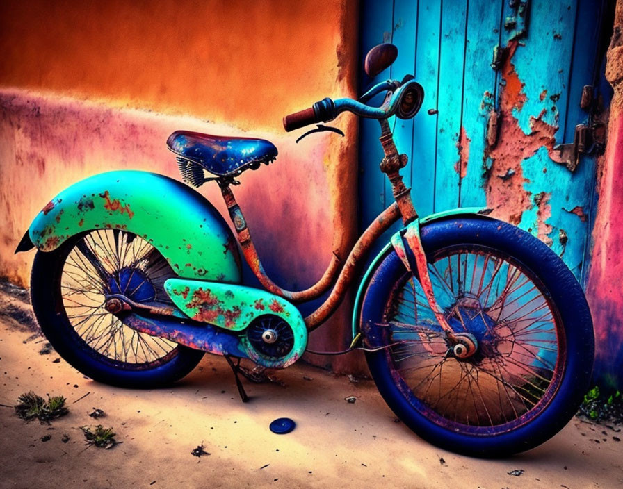 Rusty blue and teal bike against vibrant blue door and orange wall