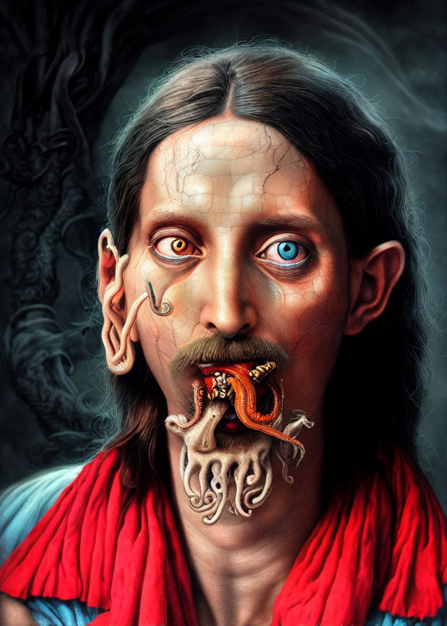 Digital artwork: Man with cracked skin, serpent from mouth, dark shapes, red scarf.