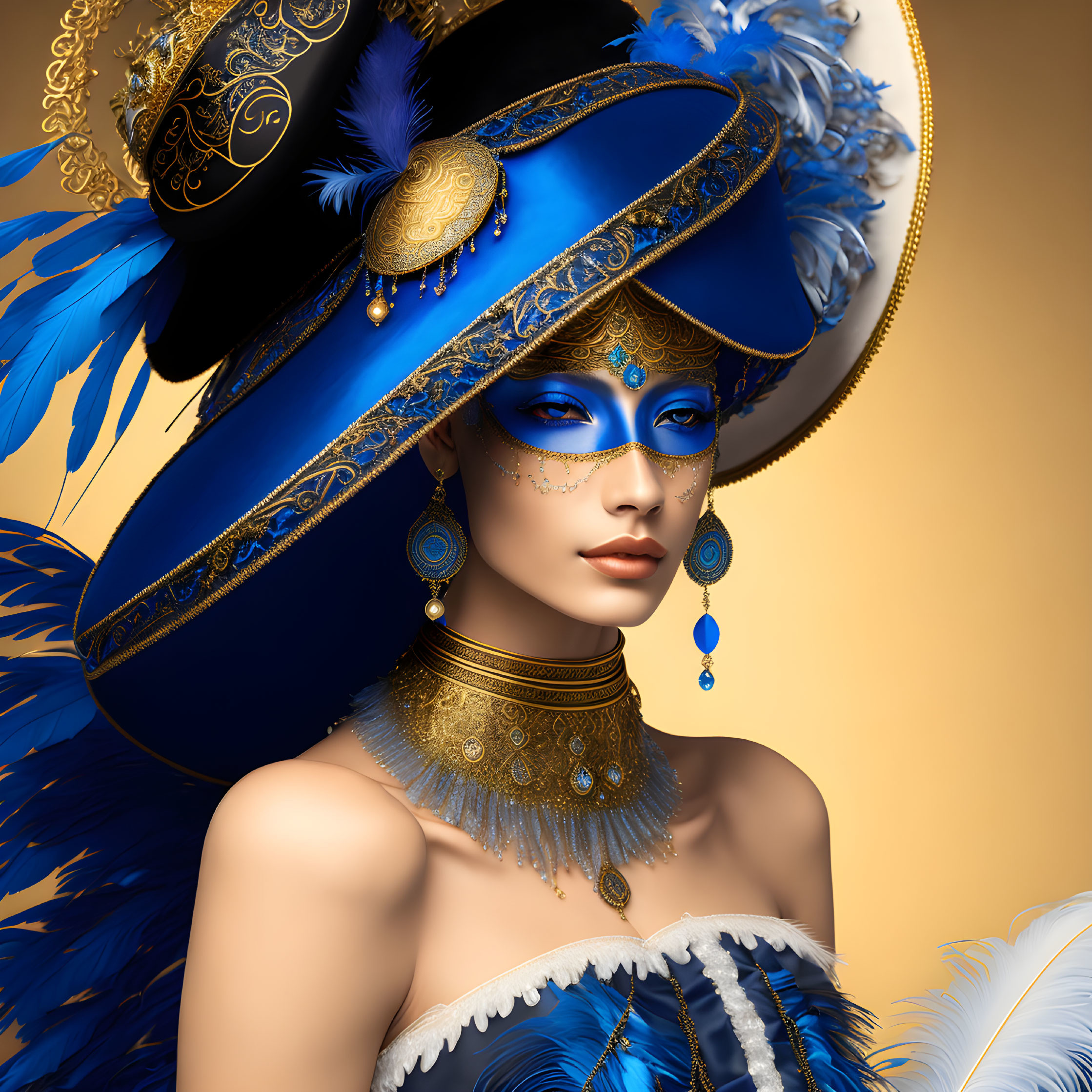 Elaborate Blue and Gold Makeup on Woman in Striking Blue Hat