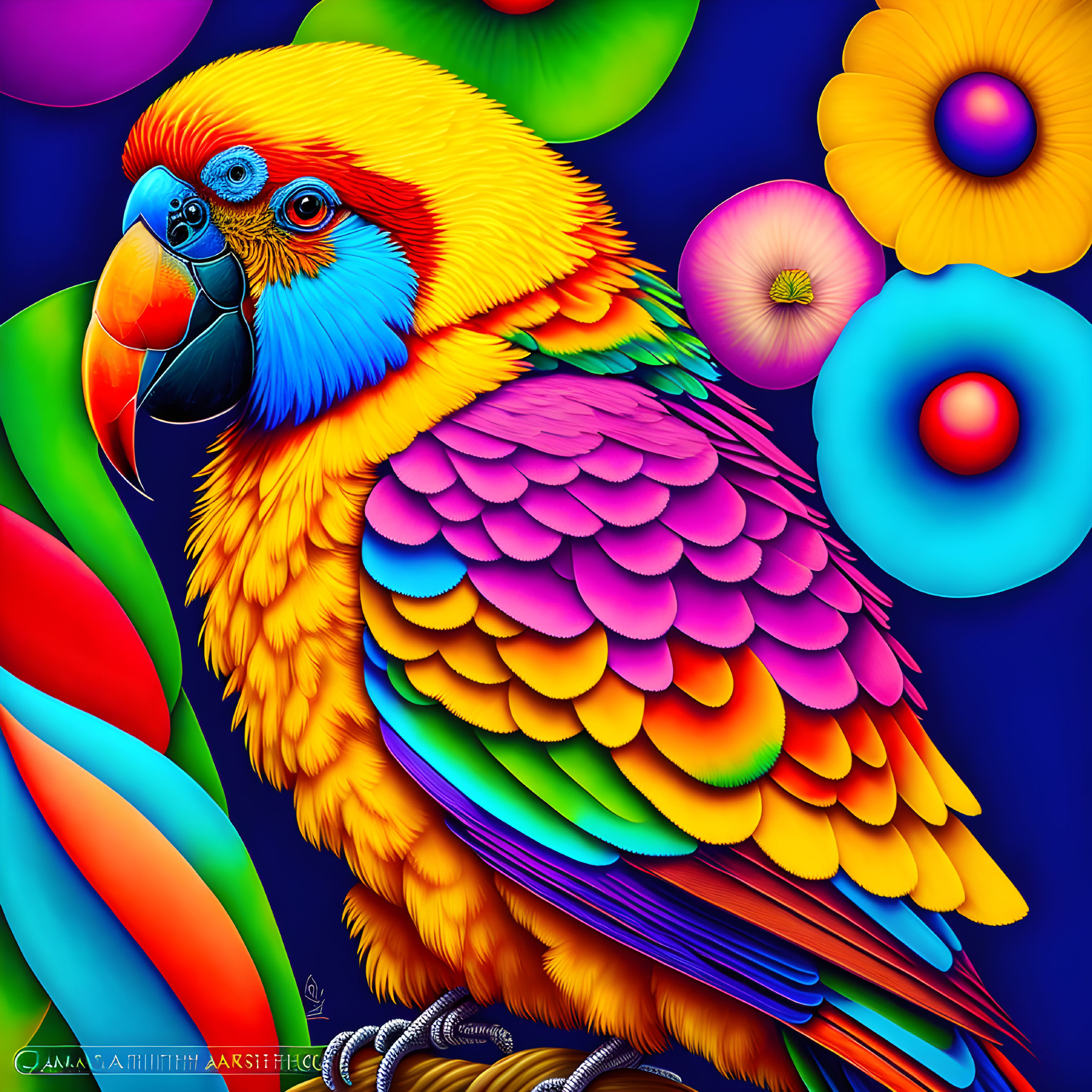 Colorful Macaw Illustration with Neon Hues and Whimsical Flowers