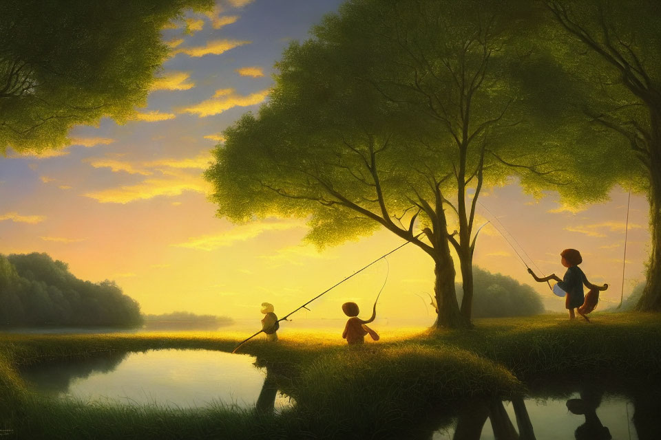 Kids Fishing at Sunset